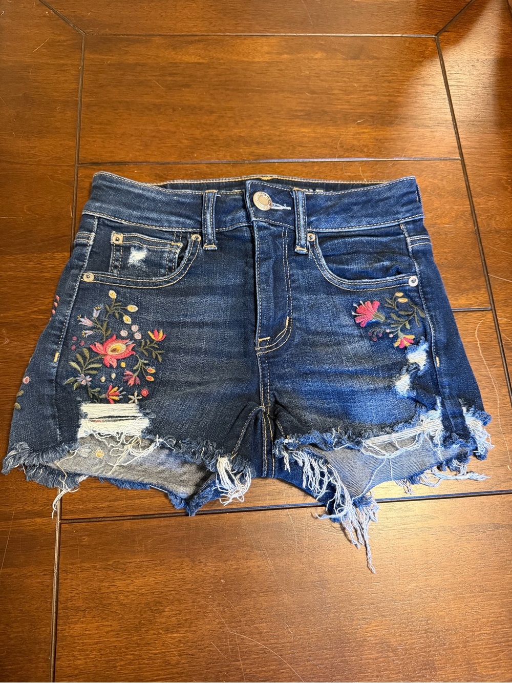 American Eagle Outfitters Dark Blue Embroidered Distressed Denim Shorts